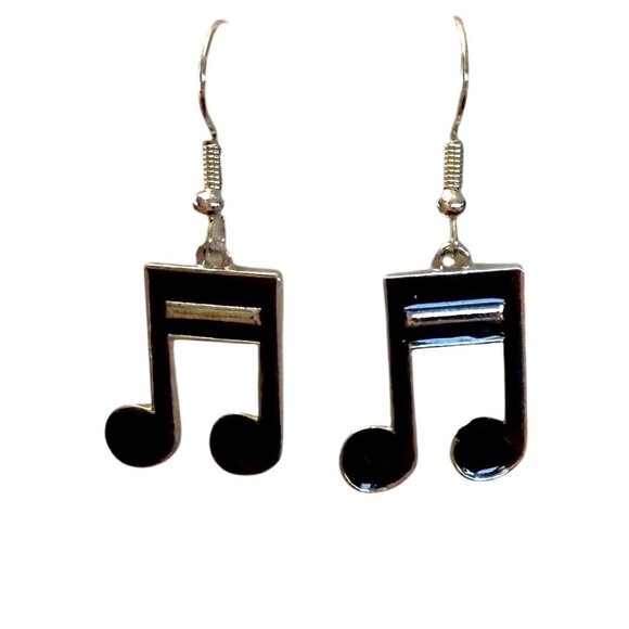 Music Note Dangle Earrings In Black Silver Musician Singers Sixteenth Notes - Picture 1 of 4